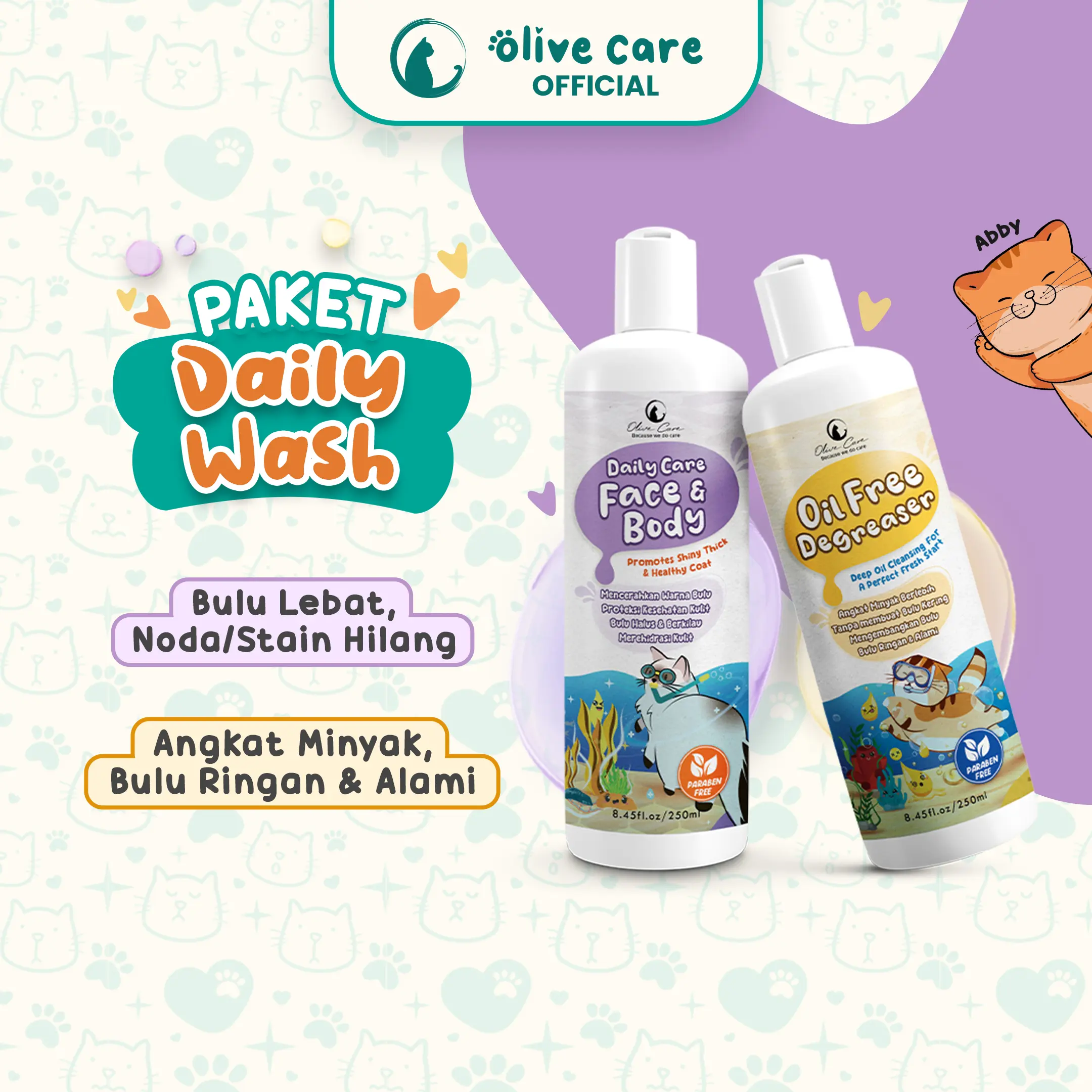 Olive Care Paket Shampo Kucing DAILY WASH untuk Bulu Lebat, Ngembang dan Sehat