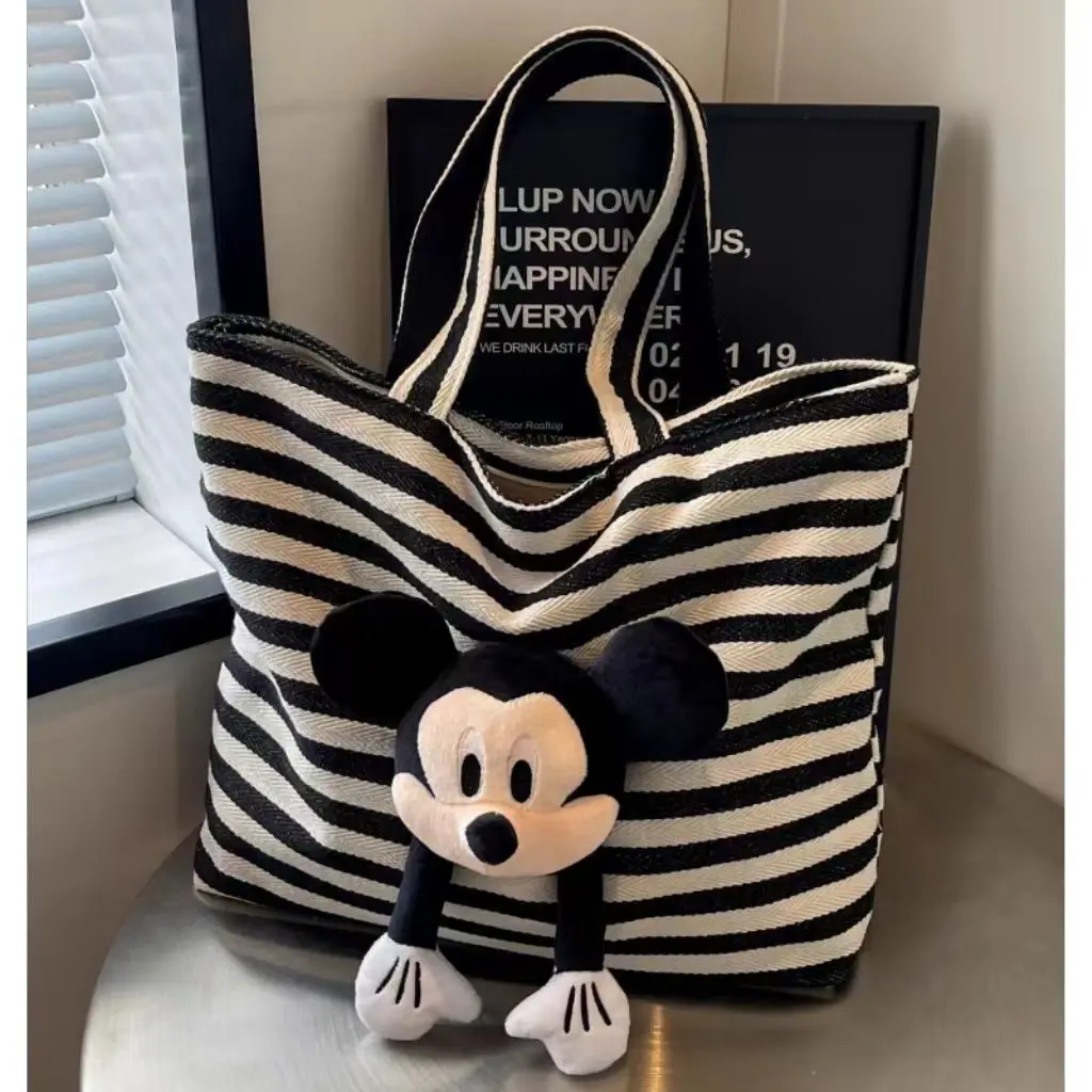 Túi Tote Sọc Sức Chứa Lớn Túi Xách Tay Mickey Hoạt Hình Thời Trang Dễ Thương Mới 2024 Cho Nữ Túi Vải Đựng Sách Bag Đeo Vai