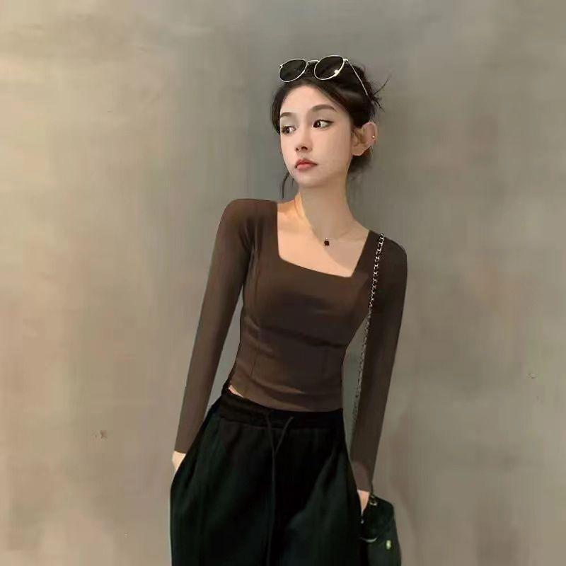 Áo Thun Dài Tay, Hàng Mới Về Mùa Thu Và Mùa Đông, Cổ Vuông, Thời Trang, Mỏng Vừa Vặn, Ngắn, Thiết Kế Xương Cá Cá Sợi, Áo Thanh Lịch, Dành Cho Nữ, Thời Trang 2