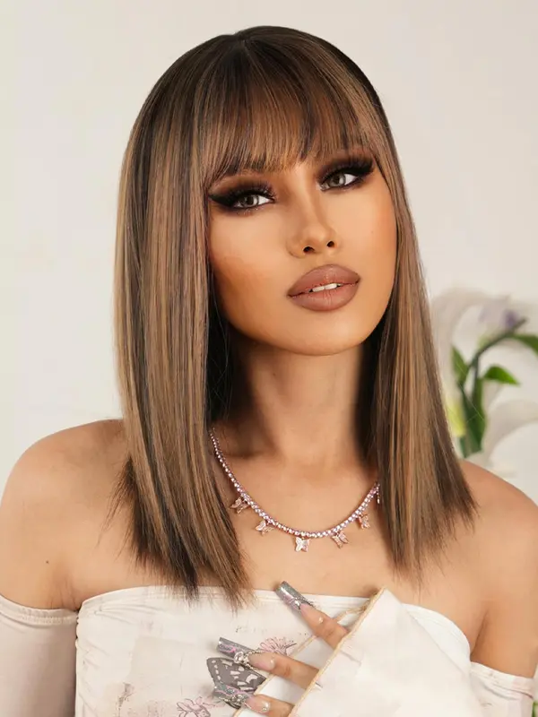 Women's 18 Inch Brown Short Straight Wigs With Bangs, Synthetic Wigs For Party, Daily Use 4
