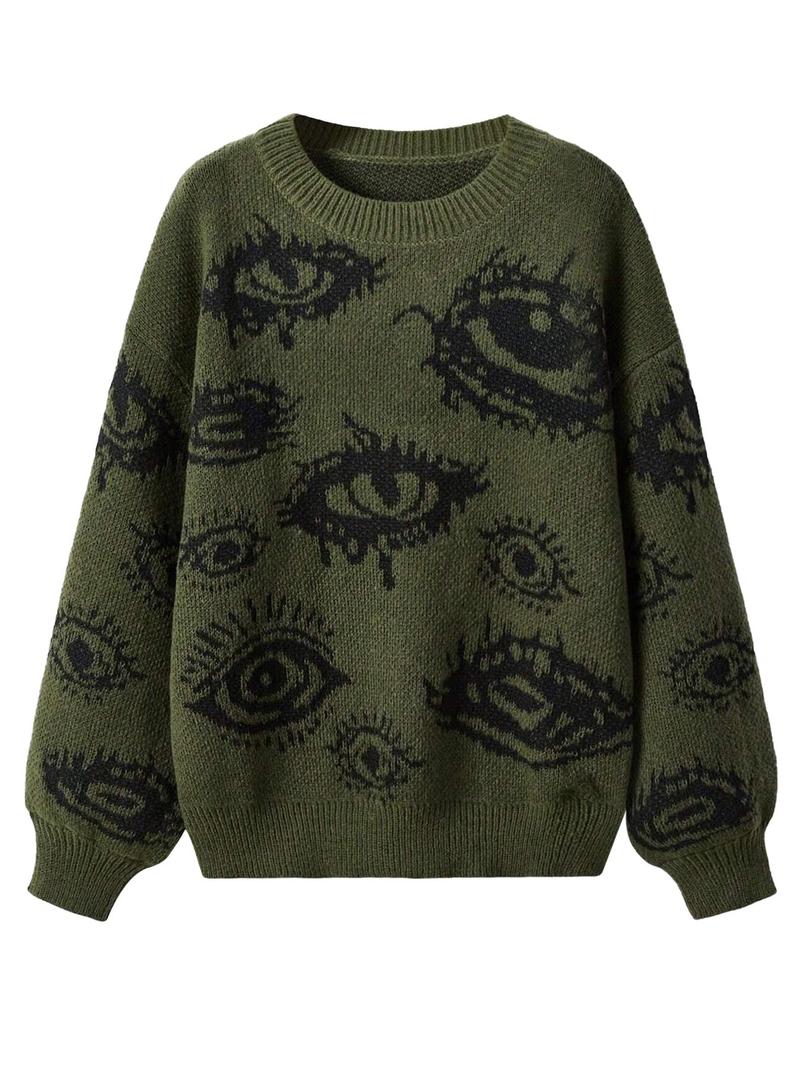 Product Introduction of Men's Eye Print Drop Shoulder Sweater, Loose Casual Long Sleeve Round Neck Jumper for Fall & Winter, Fashion Men's Knitwear for Daily Wear 1