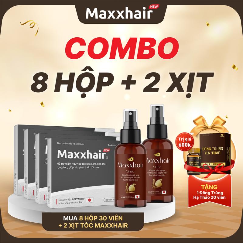 [COMBO 2 THÁNG HỘP VIÊN UỐNG + XỊT]: Mua 8 hộp viên uống MAXXHAIR + 2 Xịt tóc Maxxhair - TẶNG viên uống Đông Trùng Hạ Thảo 20 viên - Sản phẩm dành cho người bị rụng tóc nhiều và hỗ trợ giúp tóc chắc khoẻ - 30 viên