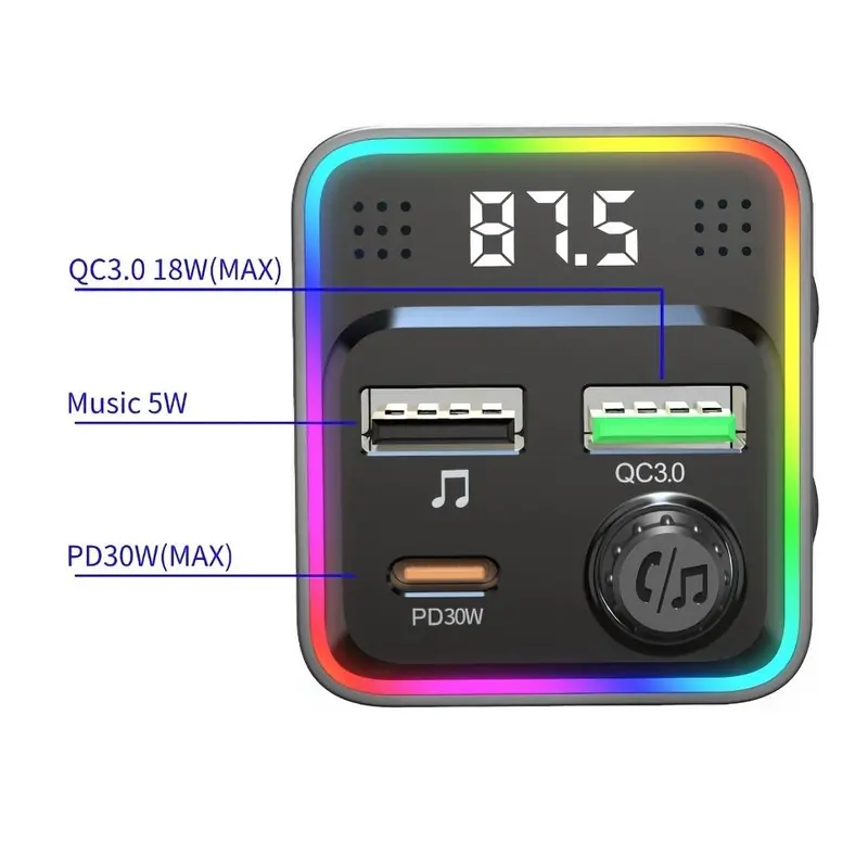 Dual USB Ports Car Charger for Phone, Car MP3 Player with Wireless FM Transmitter, Multifunctional Car Charger, Universal Car Electrical Appliances, Lights, LED 2
