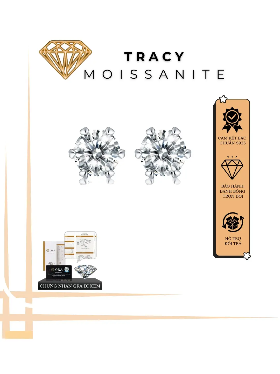 Khuyên Tai Đá Moissanite,Khuyên tai Rain & Snow, Khảm 6 Chấu, Bạc s925 si vàng trắng 18k,Sang Trọng, Tinh Tế, Kiểm Đinh GRA, 0.5CARAT