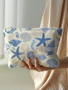 Bolsa de maquillaje de terciopelo con estampado de estrella de mar y concha, estilo de dibujos animados, ligera y multifuncional para viaje, cosmética pouch para todas las estaciones