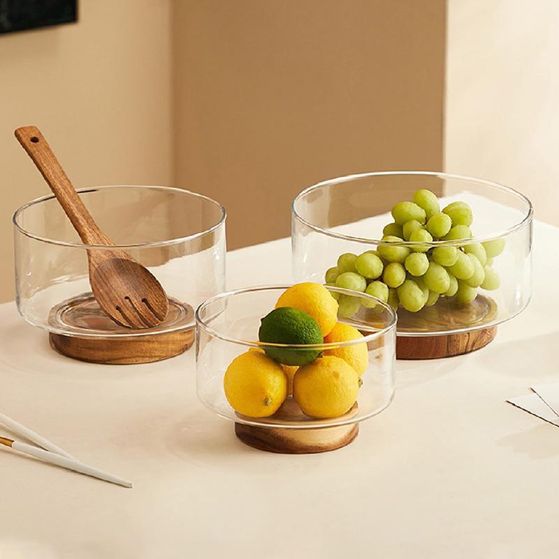 Round Clear Glass Fruit Plate With Wooden Base, 1 Count Light Luxury Transparent Fruit Snack Dish, Serving Tray For Home Kitchen Party 1