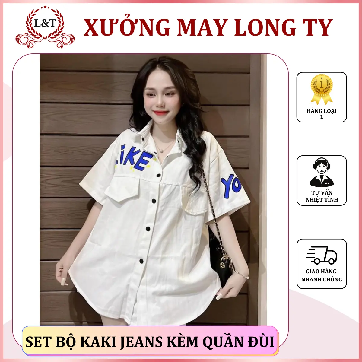 Set bộ kaki jeans kèm quần đùi cao cấp ms-127 - Xưởng May Long Ty Áo Nữ Kem Women Top Pants Jacket Polo