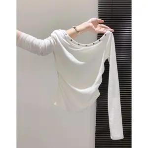 off shoulder top kerut slimfit basic long sleeve kaos polos terlaris terbaru wanita korean style katun baju  fit  body