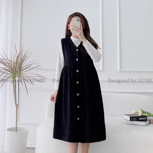 Yếm bầu thu đông GuMe Váy Bầu Đẹp vải nhung tăm cổ tim 2 màu NÂU và ĐEN - TM047