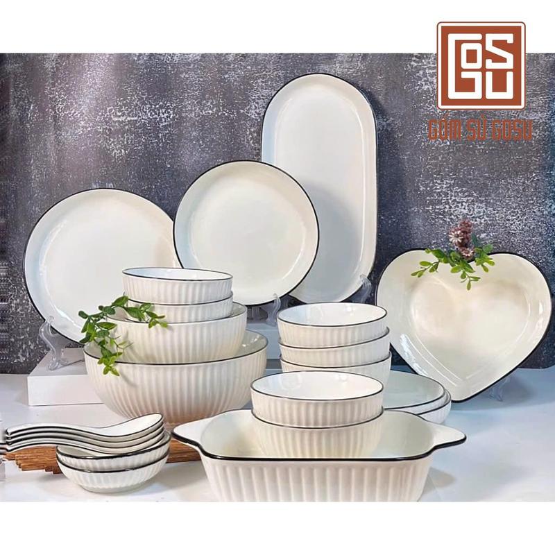   GOSU  Bộ Bát Đĩa Sứ Cao Cấp Trắng Viền Đen Men Sáng Mịn 