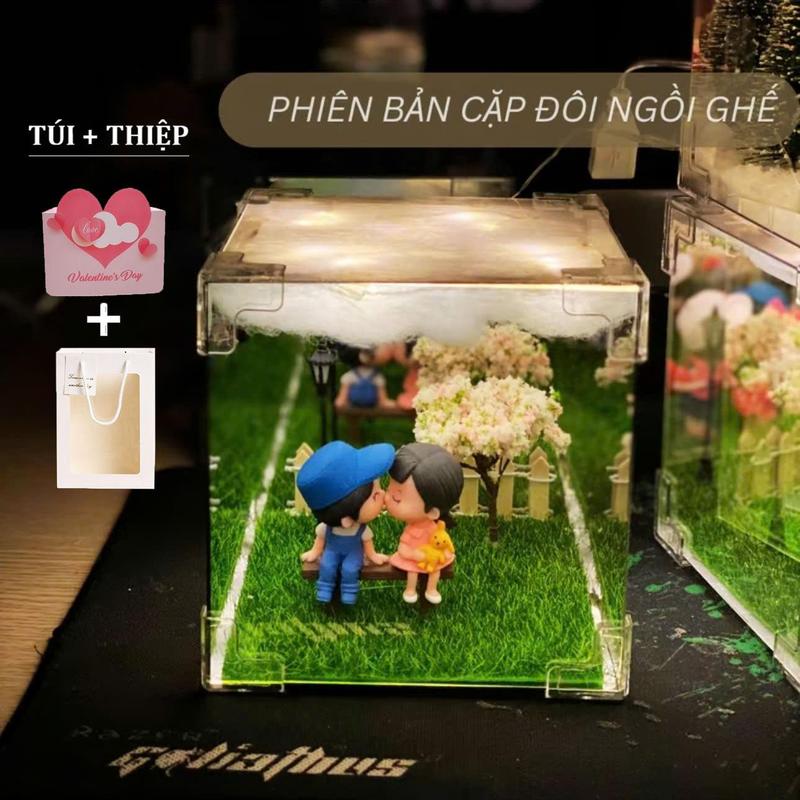 (TÚI + THIỆP) HỘP Đèn ngủ Handmade cặp đôi tình yêu tráng gương 2 chiều decor phòng ngủ, tặng người yêu, Qùa tặng 8/3