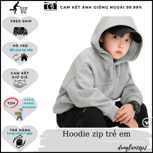 Áo khoác Dunglien78 hoodiezip trẻ em trai gái từ 20-45kg, nỉ bông siêu bền đẹp, khóa kéo tiện dụng
