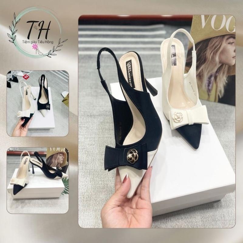 ￼Giày cao gót nữ mũi nhọn hở gót phối màu đen trắng đính nơ hoa trà thanh lịch công sở gót 5cm 7cm  TH20 DéP Shoes Nhung Jean