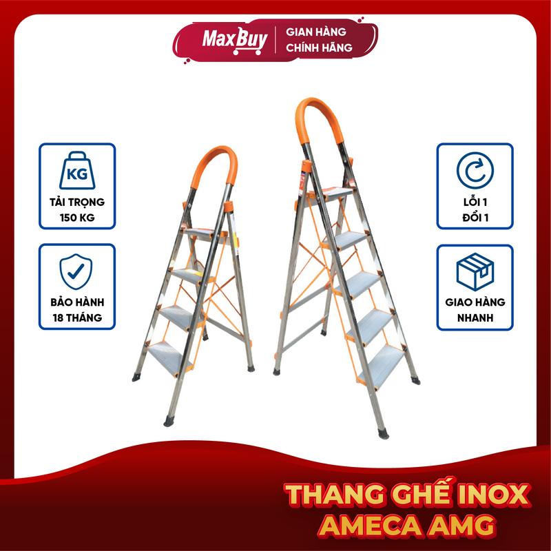 Thang ghế chữ a AMECA AMG inox tay vịn gấp gọn đa năng 3,4,5, 6, 7 bậc bảo hành chính hãng 18 tháng