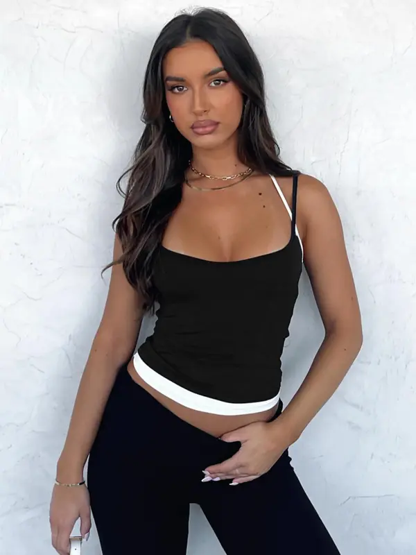 Women's 2 in 1 Crop Cami Top, Casual Spaghetti Strap Cropped Top for Summer, Ladies Clothes for Daily Wear 3
