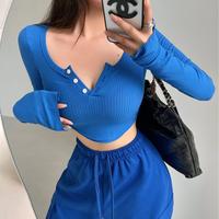 Gambar 【Premium】Women's Rib V Neck with Button Long Sleeve Crop Top T-Shirt 2814 (S/M/L) - Black, S dari 99koutlet Kab. Tangerang 4 Tokopedia