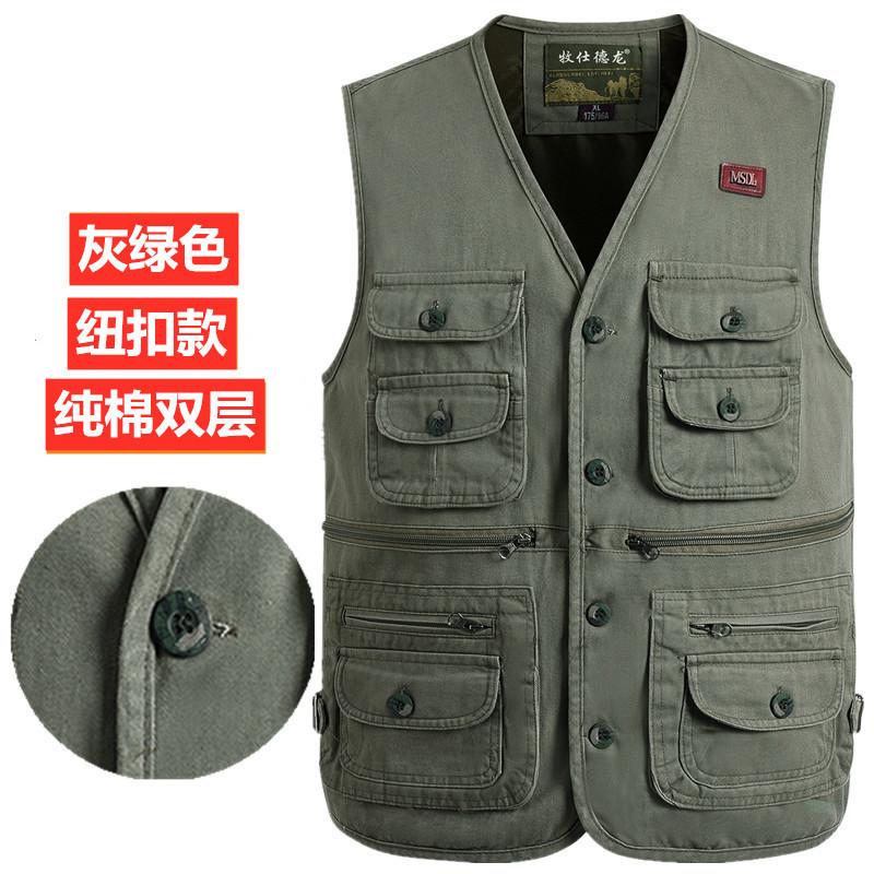 Product Introduction of Spring and Autumn Pure Cotton Men's Vest Middle-Aged and Elderly Hurdle Vest Jacket Men's Dad Button with Buttons Multi-Pocket Vest Menswear Tops Lingerie Gilet Waistcoat Beige Plain Human Tropical 24