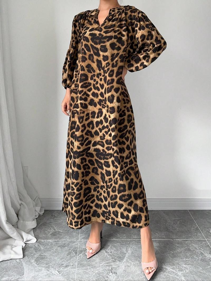 Product Introduction of 【Plus Size】 Leopard Print Notched Neck Dress, Casual Bishop Sleeve Dress for Spring & Fall, Women's Clothes for Daily Wear 6