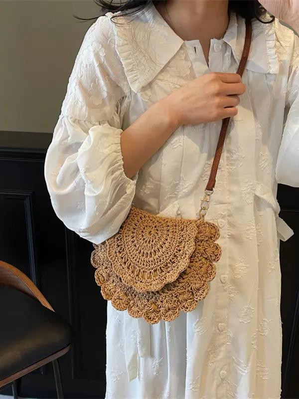 Women's Solid Color Straw Bag, Fashionable Hollow Out Crochet Design Crossbody Bag for Daily Used, Casual Trendy Versatile High-quality Daily Commuting Bag 5