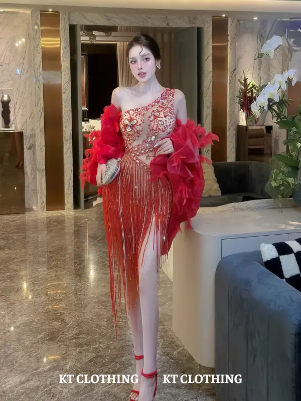 Đầm Dự Tiệc Chéo Vai Đính Đá – KT CLOTHING | Thiết Kế Sang Trọng, Kèm Choàng Lưới Quyến Rũ 5