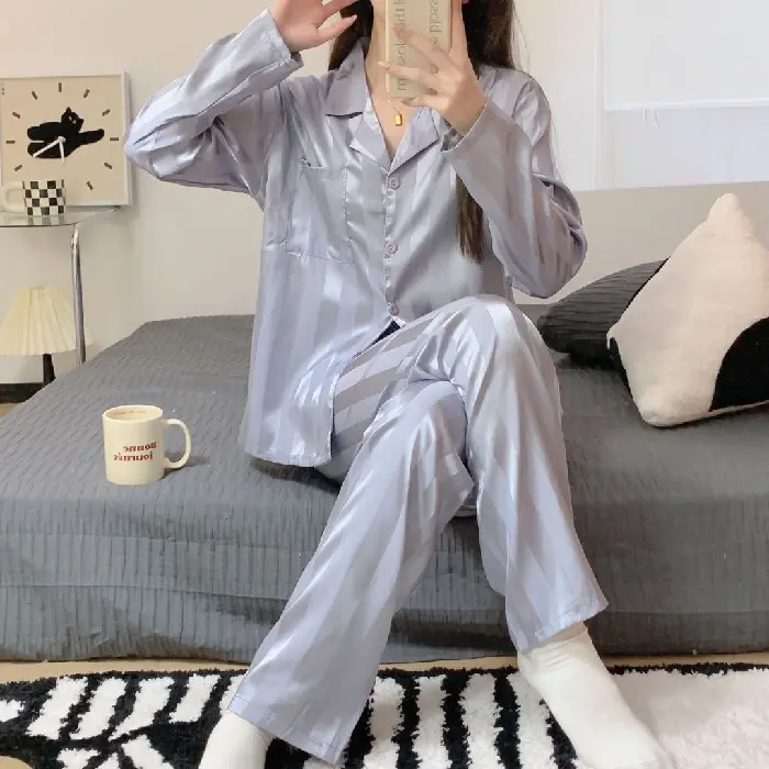 GS1240 banyak Motif piyama kancing satin baju tidur setelan wanita lengan panjang 3