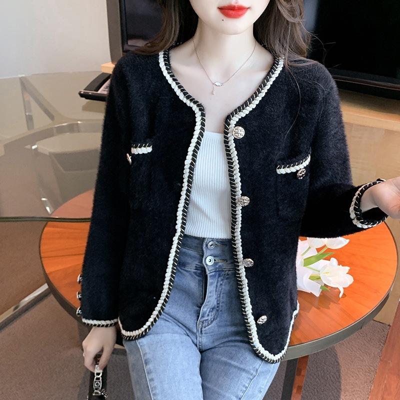 Áo khoác dạ nữ, áo cardigan dáng ngắn thiết kế tay dài, vải dạ trắng phối đen sang chảnh tiểu thư