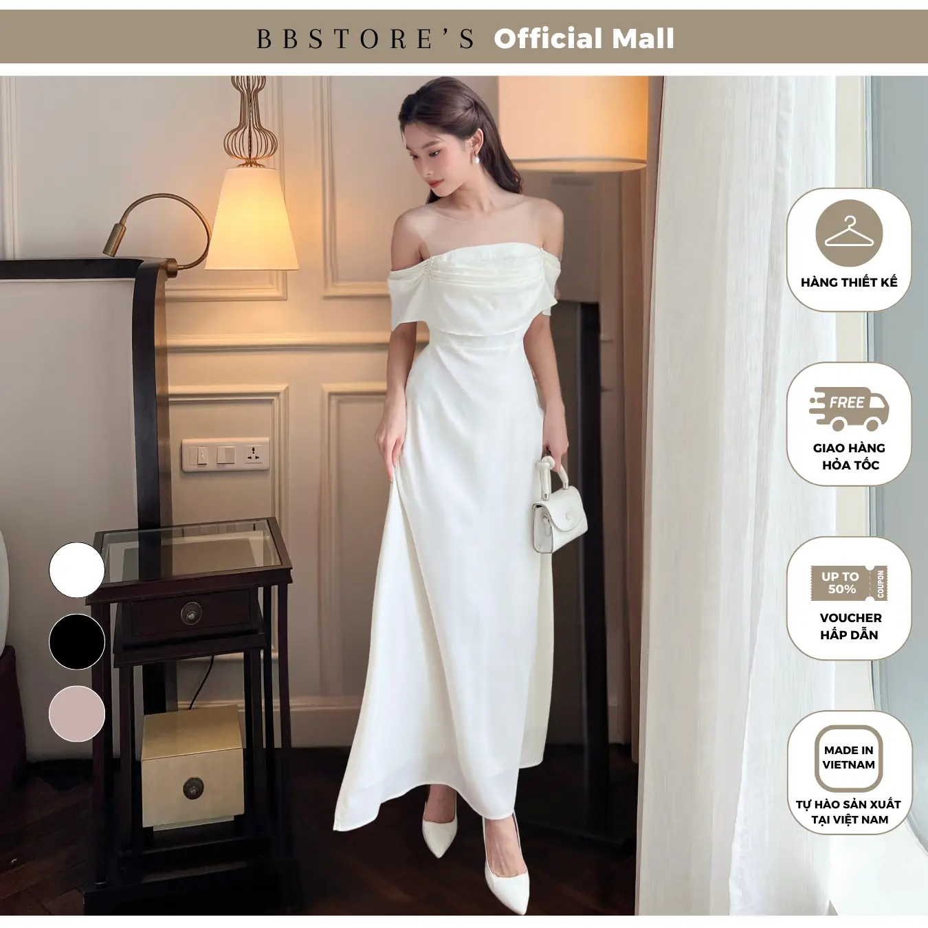 Đầm Xòe Dự Tiệc Trễ Vai Kiểu Dáng Trẻ Trung BBSTORE'S - D746 Nữ Dress Kem Váy