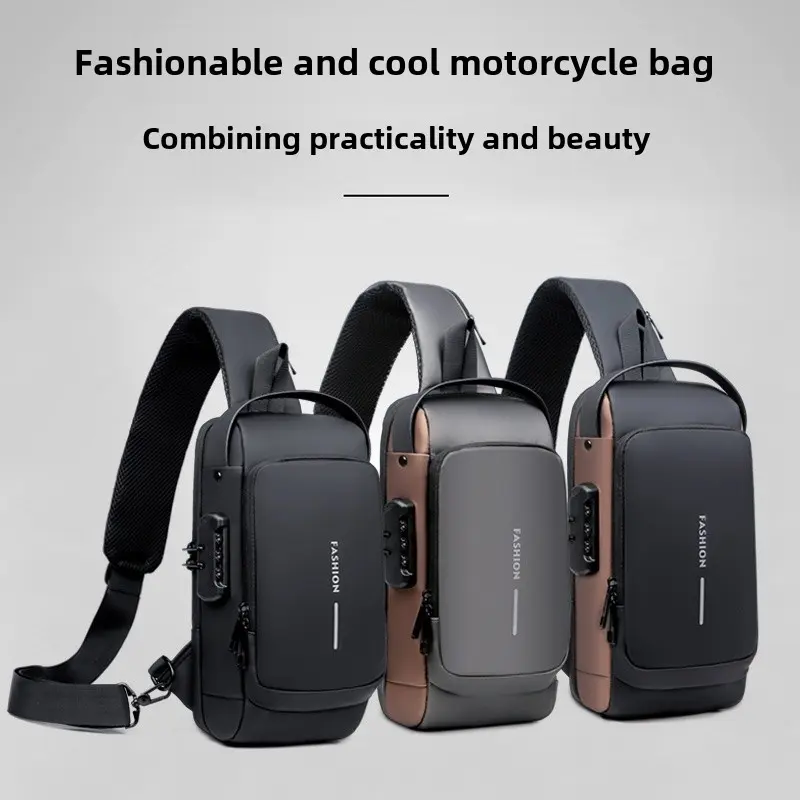 Technology Leather Film Waterproof Men's Chest Bag With USB Charging Cable Anti-Theft Code Lock Travel Messenger