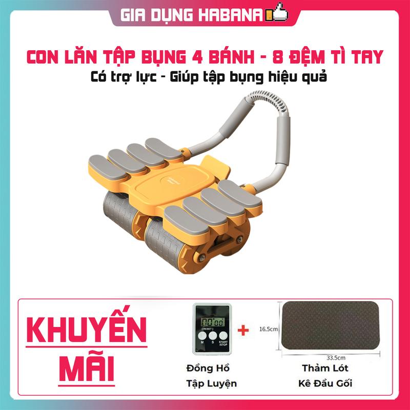 Con Lăn Tập Bụng 4 Bánh - 8 Đệm Tì Tay - Trợ Lực Manh Mẽ - Bản Mới 2024 Tặng Đồng Hồ + Thảm Kê Gối