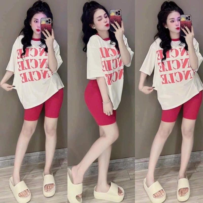 Đồ bộ lửng ngố thun gân kèm áo thun cotton form rộng Nữ Women Top Kem Quần Tim Voi 0