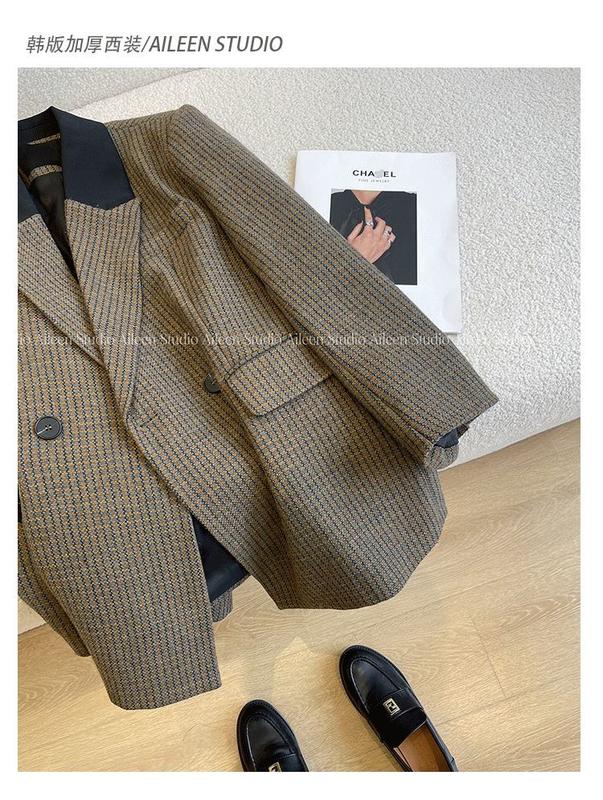 Product Introduction of Áo Blazer Len, Họa Tiết Răng Nanh Dành Cho Nữ, Hàng Mới Về 2024, Phong Cách Hàn Quốc, Dày Dặn, Cổ Điển, Dáng Rộng Vừa Vặn, Áo Âu Phục 3