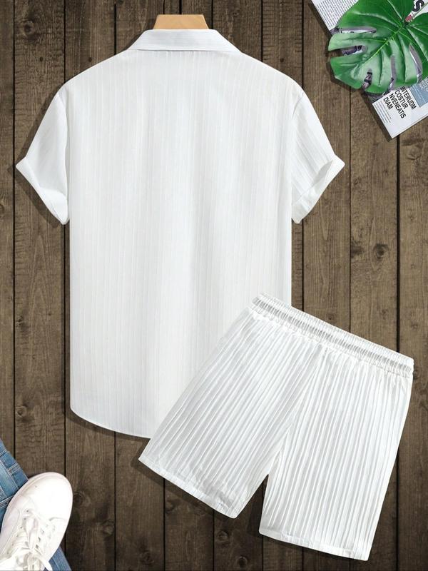 Two-piece Set Men's Regular Fit Solid Textured Short Sleeve Shirt & Shorts, Casual Plain Summer Set for Men, Mens Clothes for Beach Vacation, Shortsleeve, Menswear, Tropical, Summer Outfits 2025