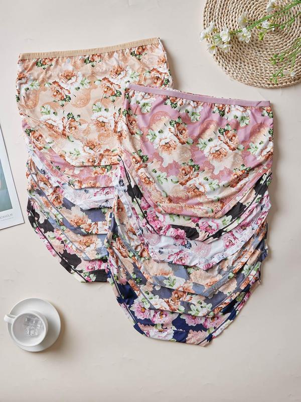 【Plus Size】Patchwork Floral Print High Waist Knicker, Soft Comfy Breathable Panty for Daily Wear, Women's Underwear for All Seasons, Womenswear 3