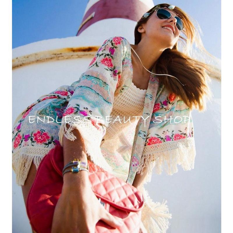 Women Bikini Cover Up, Floral Printed Bat Sleeve Cardigan Bikini Cover Up, Tassel Hem Loose Smock for Swimming Suits 2