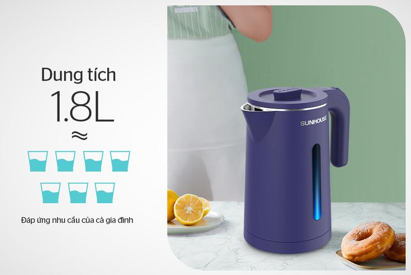 Product Introduction of [MẪU MỚI 2023] Ấm siêu tốc, bình đun siêu tốc inox 2 lớp 1.8L SUNHOUSE SHD1355, 2 lớp cách nhiệt chống bỏng 23