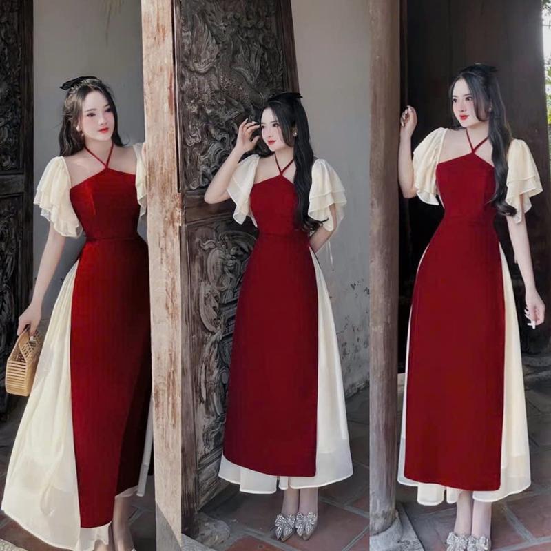  Sét Áo Dài Cách Tân Nhung Tay bèo Voan Cổ Yếm Phối Váy Voan Tơ Nữ Tính Sang Trọng Dễ Thương. Women Dress Đỏ 