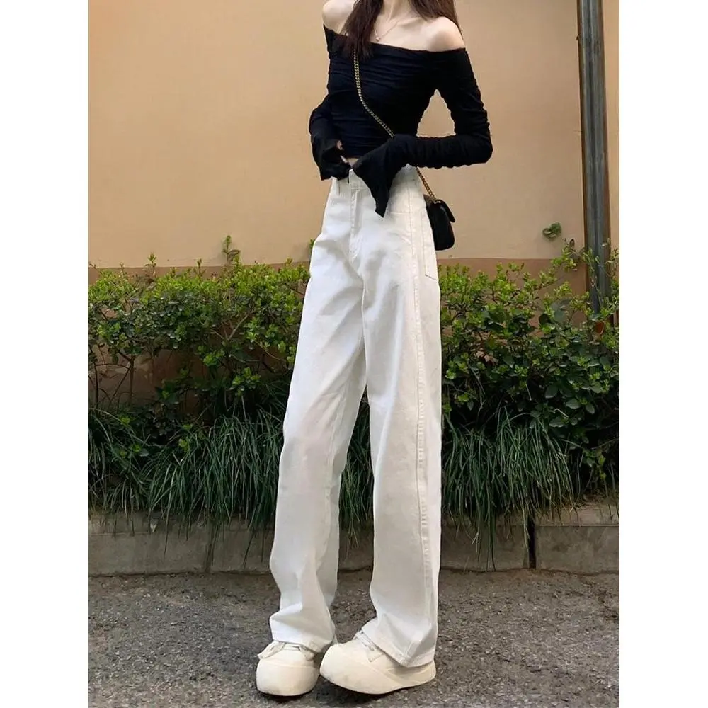 2025 White Casual Straight-Leg Jeans Women's Summer New Thin Loose High Waist Show Mop Trousers Wide-Leg Pants