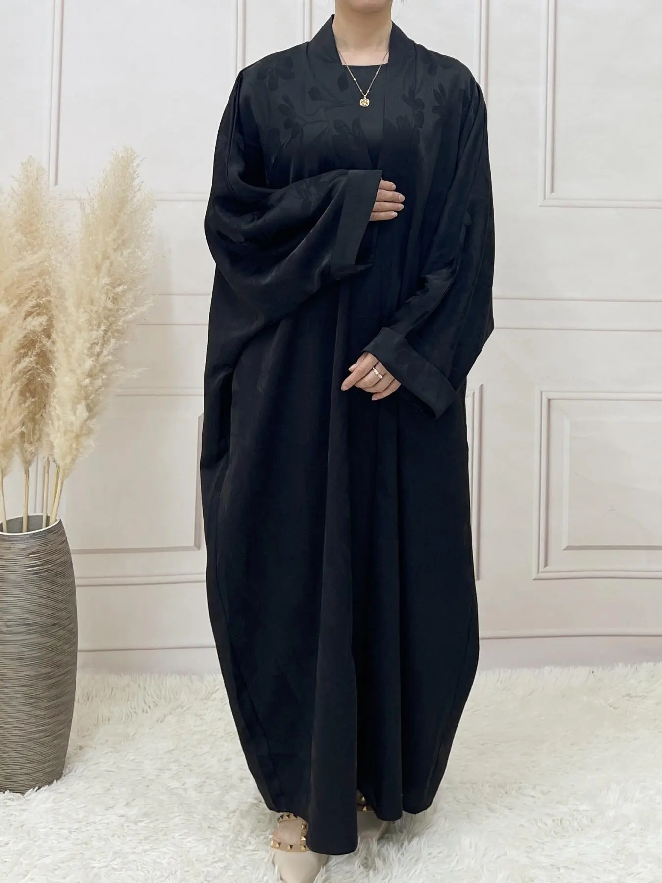 Women's Floral Jacquard Long Sleeve Abaya without Inner Dress, Casual Batwing Sleeve Arabic Clothing for Spring & Fall,  Abayas for Women, Fashion Women's Islamic Clothing for Daily Wear