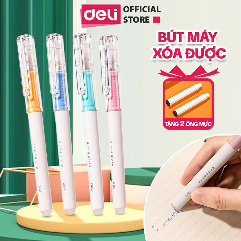 Bút máy kèm đầu tẩy luyện viết chữ đẹp Deli cho học sinh - kèm 2 ống mực thay thế, đệm tay màu pastel xinh xắn