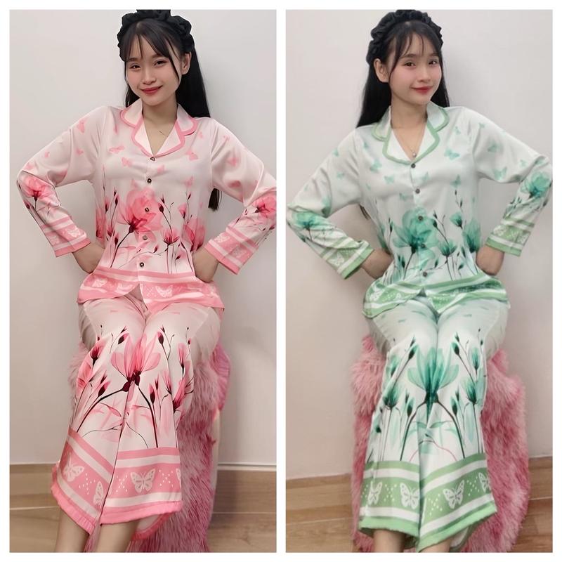 Bộ pyzama TD (42_65 kg)in HOA LAS lụa Latin mặc nhà quần dài phối nẹp - xưởng may thanh thảo Nhung Nữ Áo Women Voi
