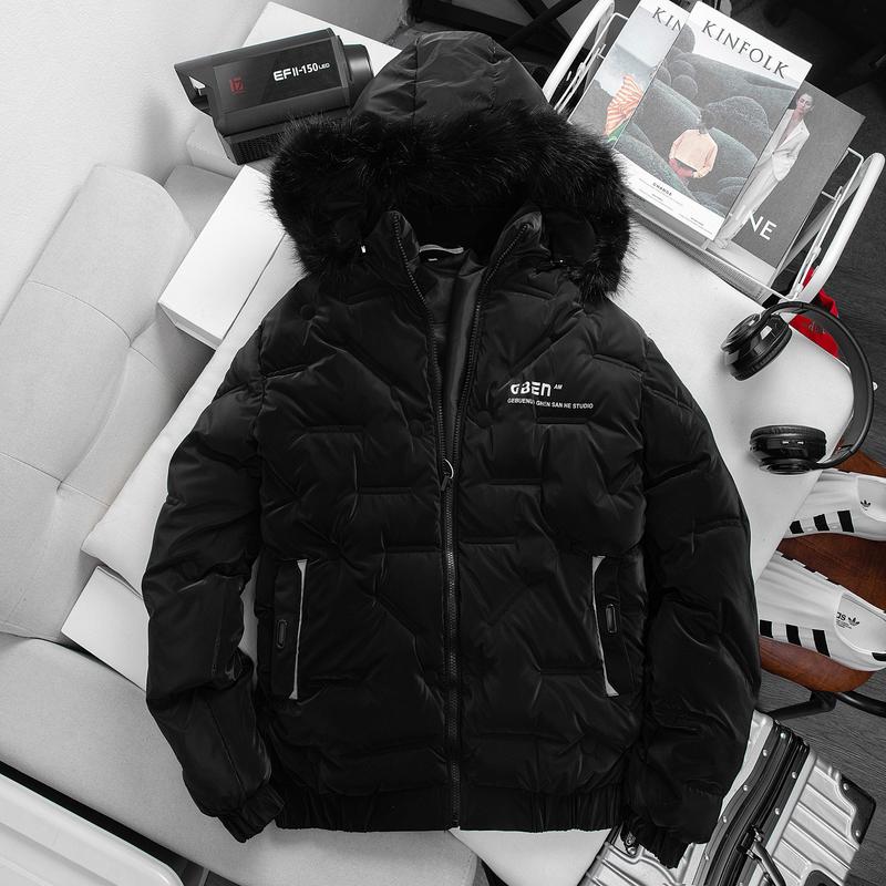 Áo khoác nam, áo khoác phao nam bóng mũ lông in chữ mùa đông. AK29 Menswear Jacket Màu Xám