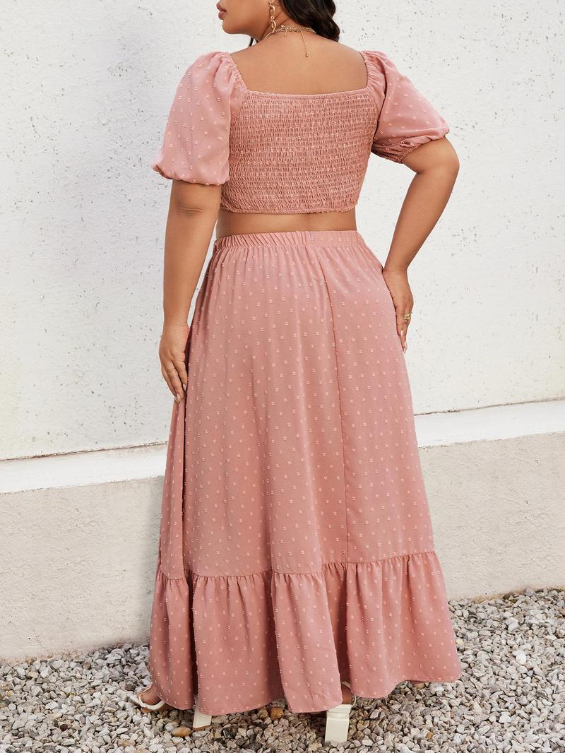 Product Introduction of CURVZY Plus Size Ruched Shirred Puff Sleeve Blouse & Ruffle Hem Skirt Set, Boho Swiss Dot Drawstring Sweetheart Neck Top & Long Skirt For Beach, Co Ords for Women, Women's Two-Piece Outfits For Summer & Autumn 5