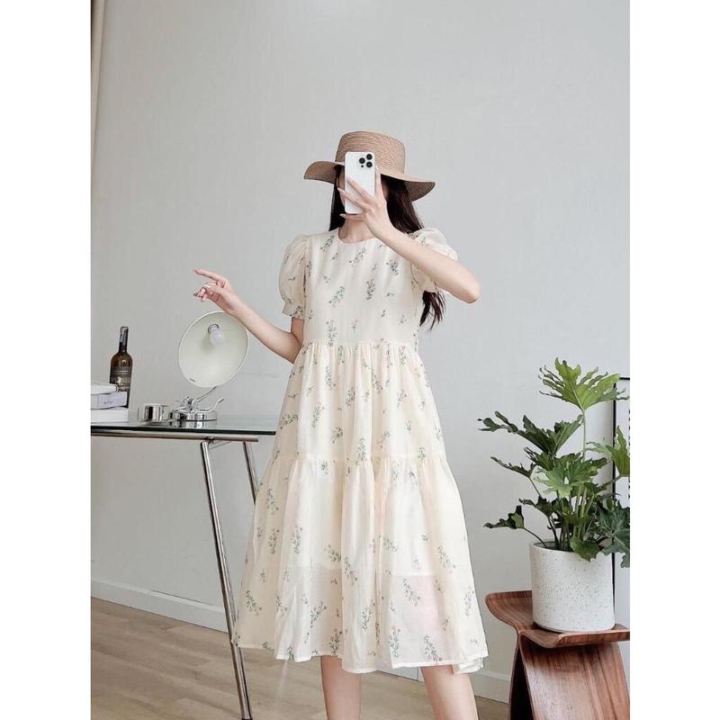 Váy Bầu công sở họa tiết hoa nhí xinh xắn, tơ 2 lớp mặc đi làm đi tiệc thoải mái Nữ Women Babydoll Dress