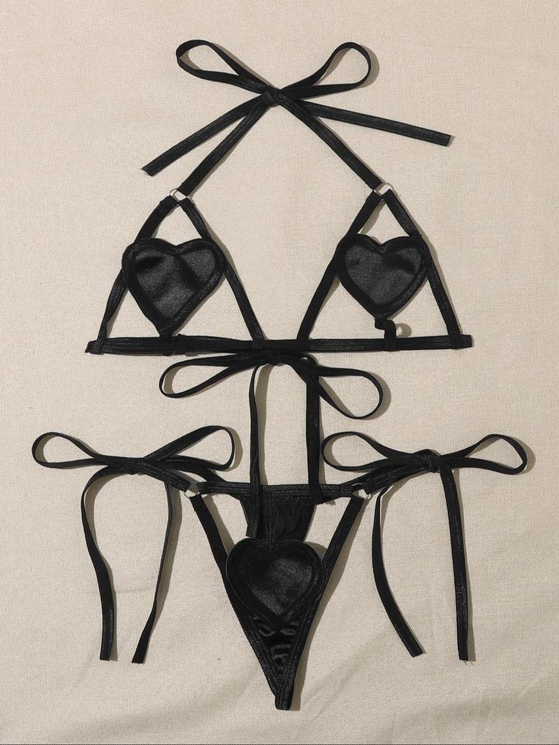 Product Introduction of Women's Heart Design Cut Out Ring Linked Sexy Lingerie Set, Chic Sexy Halter Neck Tie Back Bra & Tie Side Thong Set, Ladies Underwear Set for Indoor Wear 20