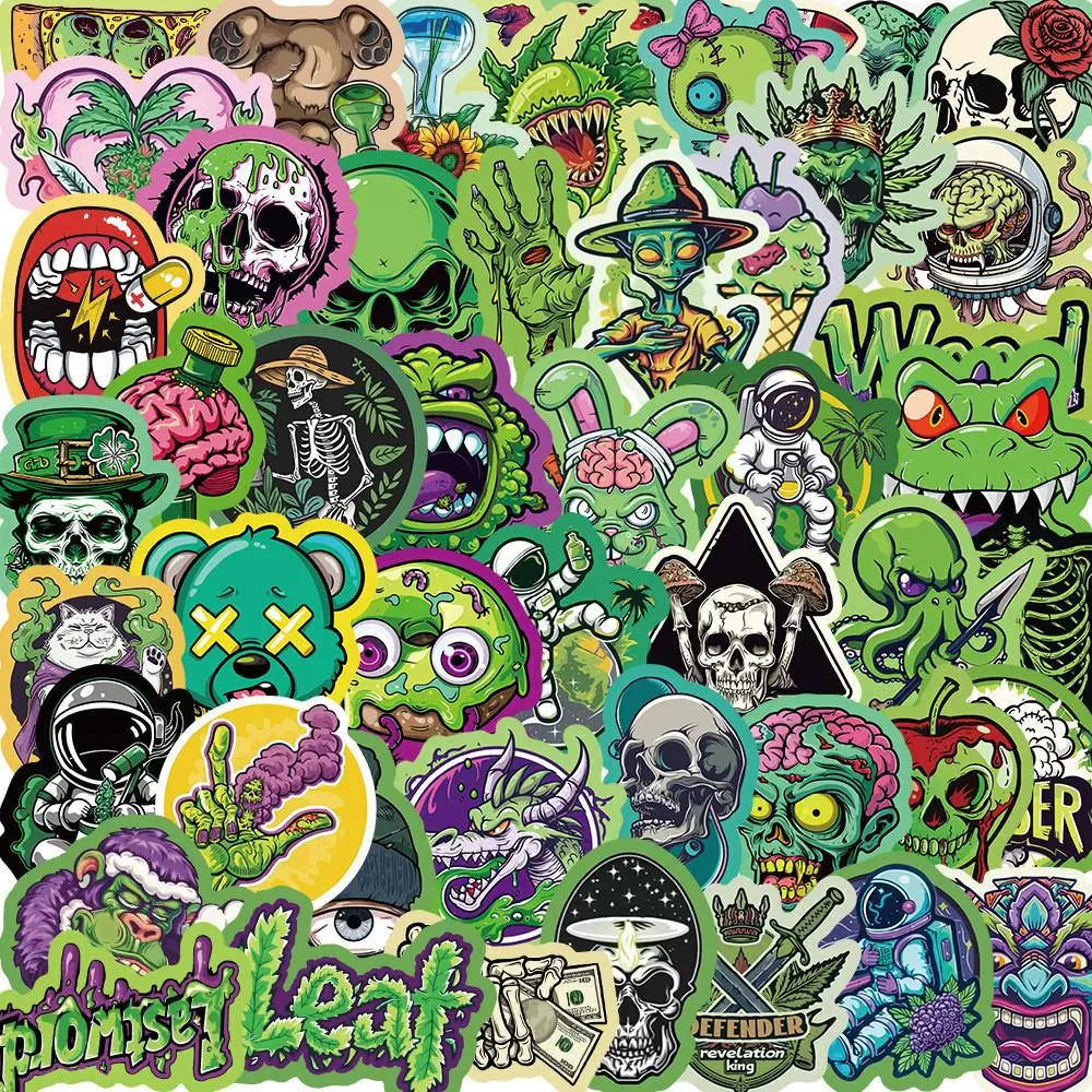 พร้อมส่ง!กัญชาไทย green skull sticker สติกเกอร์ กันน้ำ รูปแบบที่แตกต่างกัน halloween 50ชิ้น
