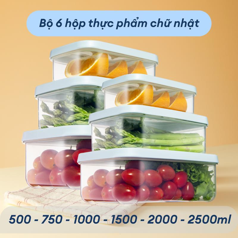 6 Hộp đựng thực phẩm chữ nhật Inochi 500-750-1000-1500-2000-2500ml nhựa PP nguyên sinh cao cấp không BPA Lưu trữ thực phẩm trữ đông Kitchen màng nhôm