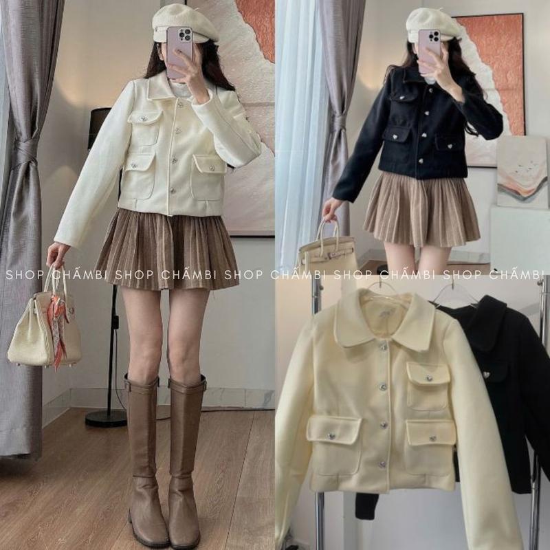 Áo dạ nữ A.698, Áo khoác dạ ép cổ đức tay dài dáng lửng phối 3 túi nắp kết hợp cúc trái tim sang chảnh - Shop Chấm Bi