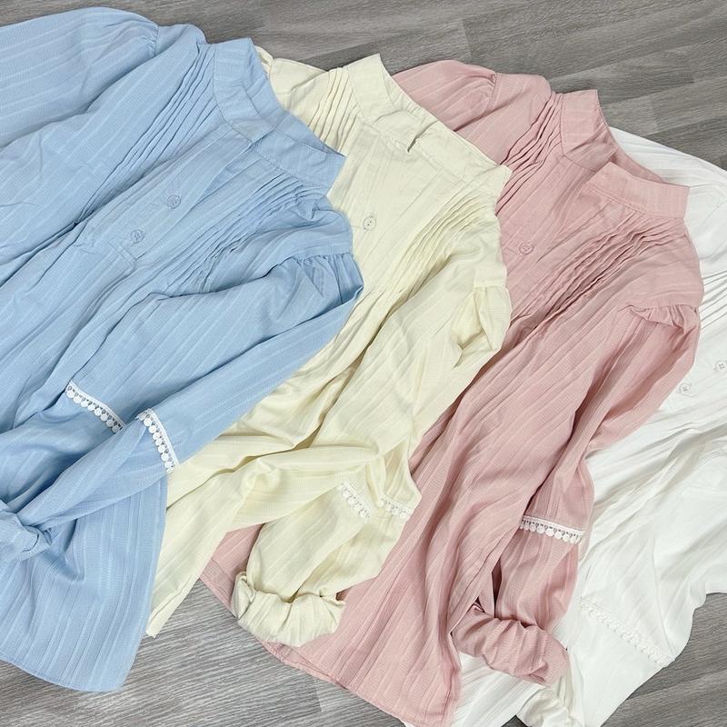 On-02. Áo babydoll dài tay thiết kế cổ trụ xếp ly 2 bên . Áo sơ mi nữ phong cách hang quốc Viền Ren