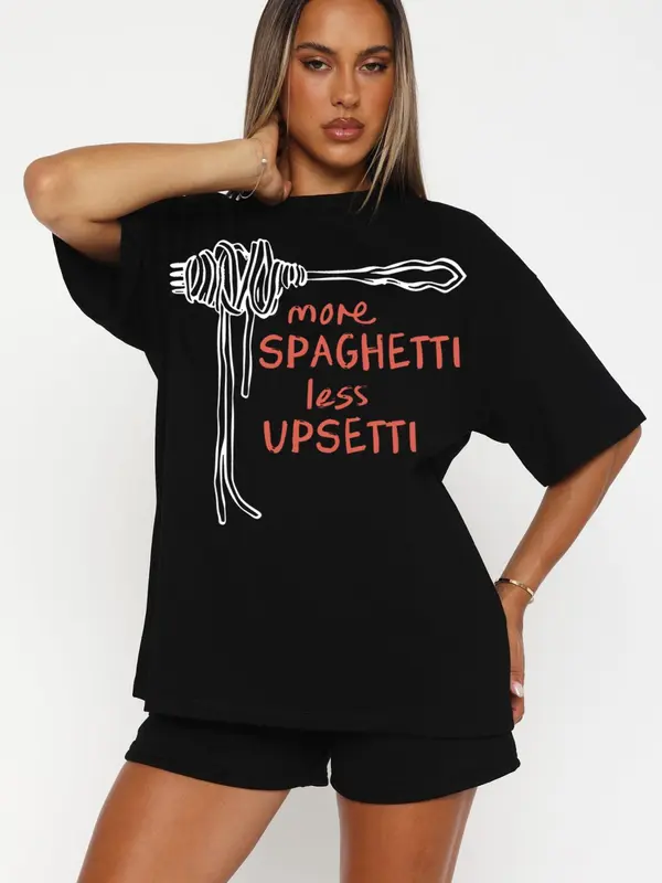 Women's Letter & Spaghetti Print Round Neck Tee, Casual Slogan Graphic Short Sleeve T-Shirt for Summer, Ladies Clothes for Daily Wear, Top 0