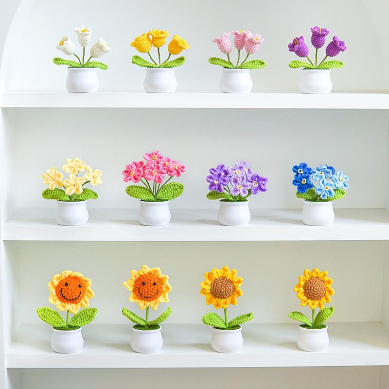 Product Introduction of Finished handmade woven lily of the valley potted home decoration, knitted simulated flower yarn, crochet bouquet, fake flower gift 4